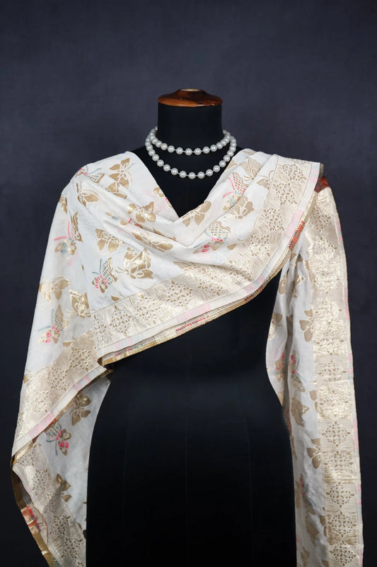 White Chanderi Dupatta With All Over Thread And Zari Handloom PG-112