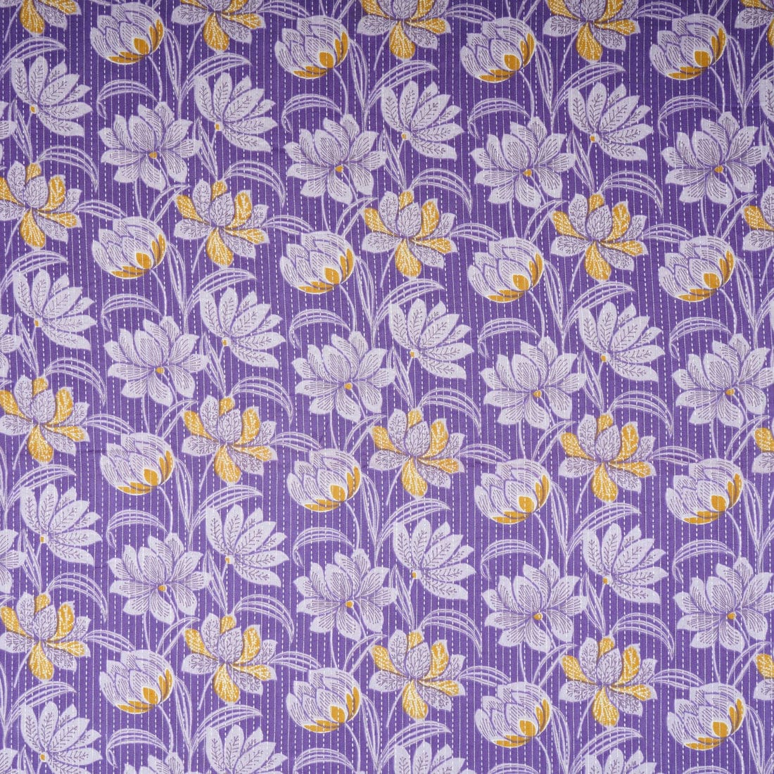 Purple Floral Kantha Print Cotton Fabric