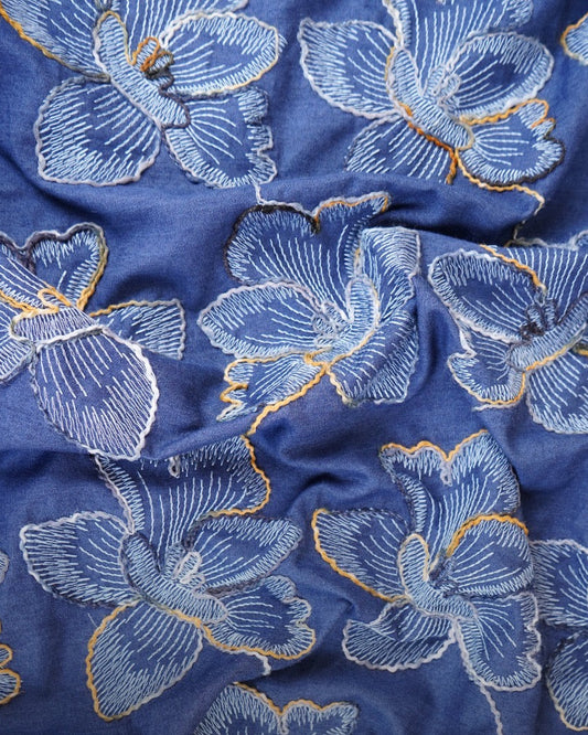 Blue Embroidered Denim Fabric
