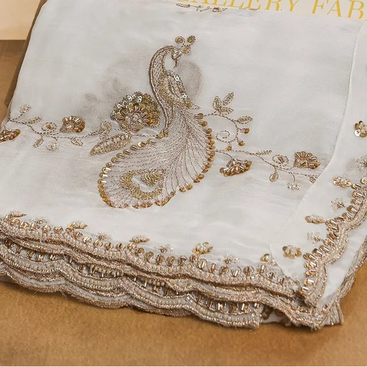 White Georgette Dupatta With All Over Bead, Sequins And Katdana Work- PG113