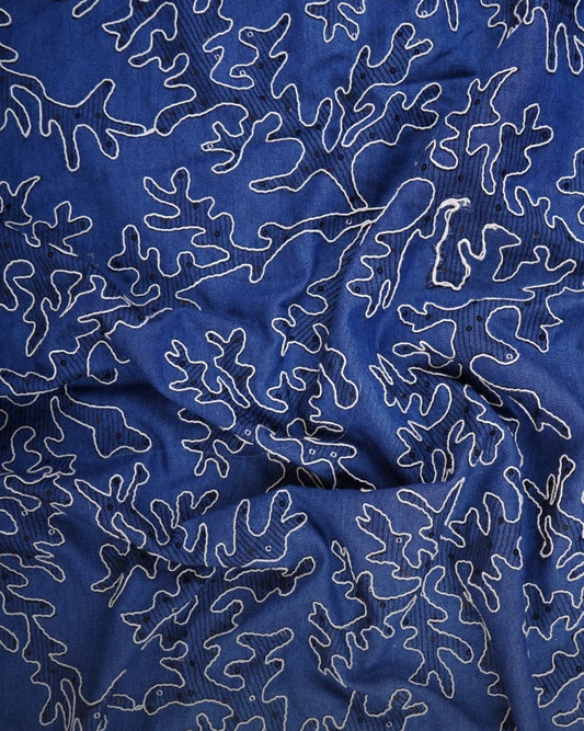 Blue Floral Embroidery Denim Fabric