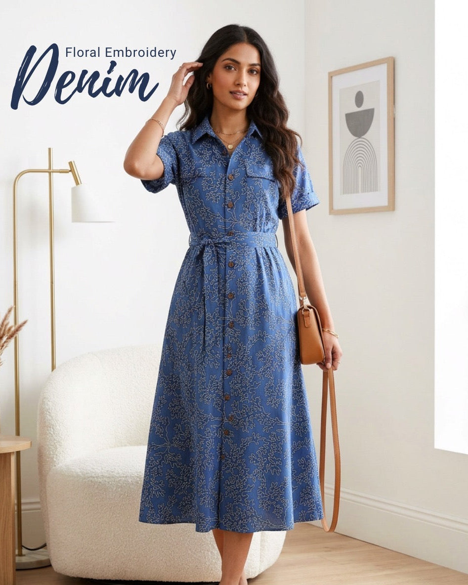 Blue Floral Embroidery Denim Fabric