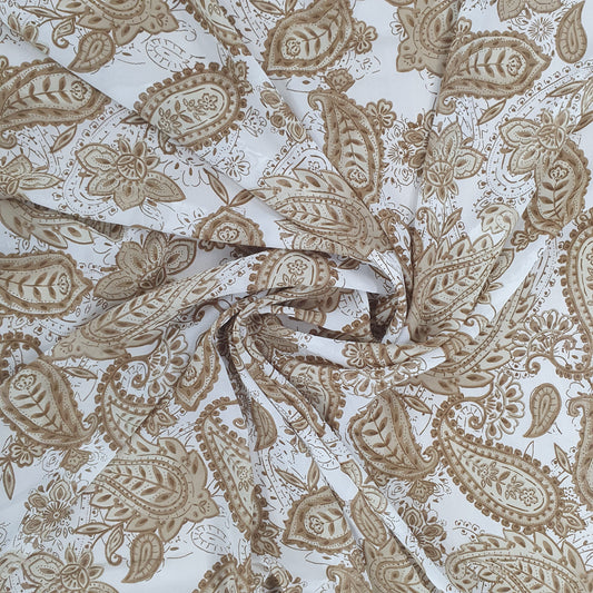 White Brown Paisley Print Georgette Fabric