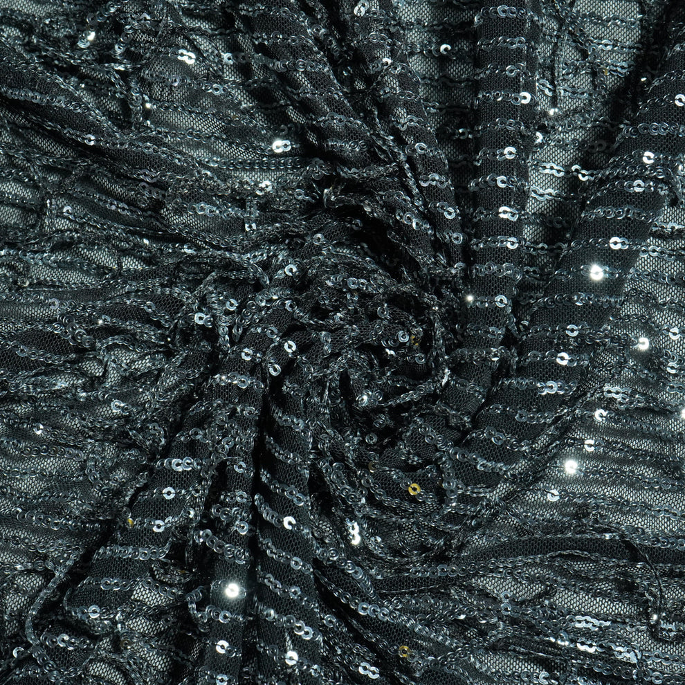 Black with silver sequence embroidery net lycra fabric Net Fabric TU-172