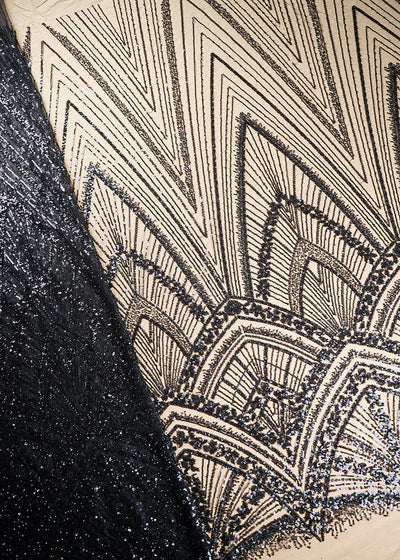 Black Net Fabric With All Over Sequins And Bead Work With One Side Scalloped Border PG-106