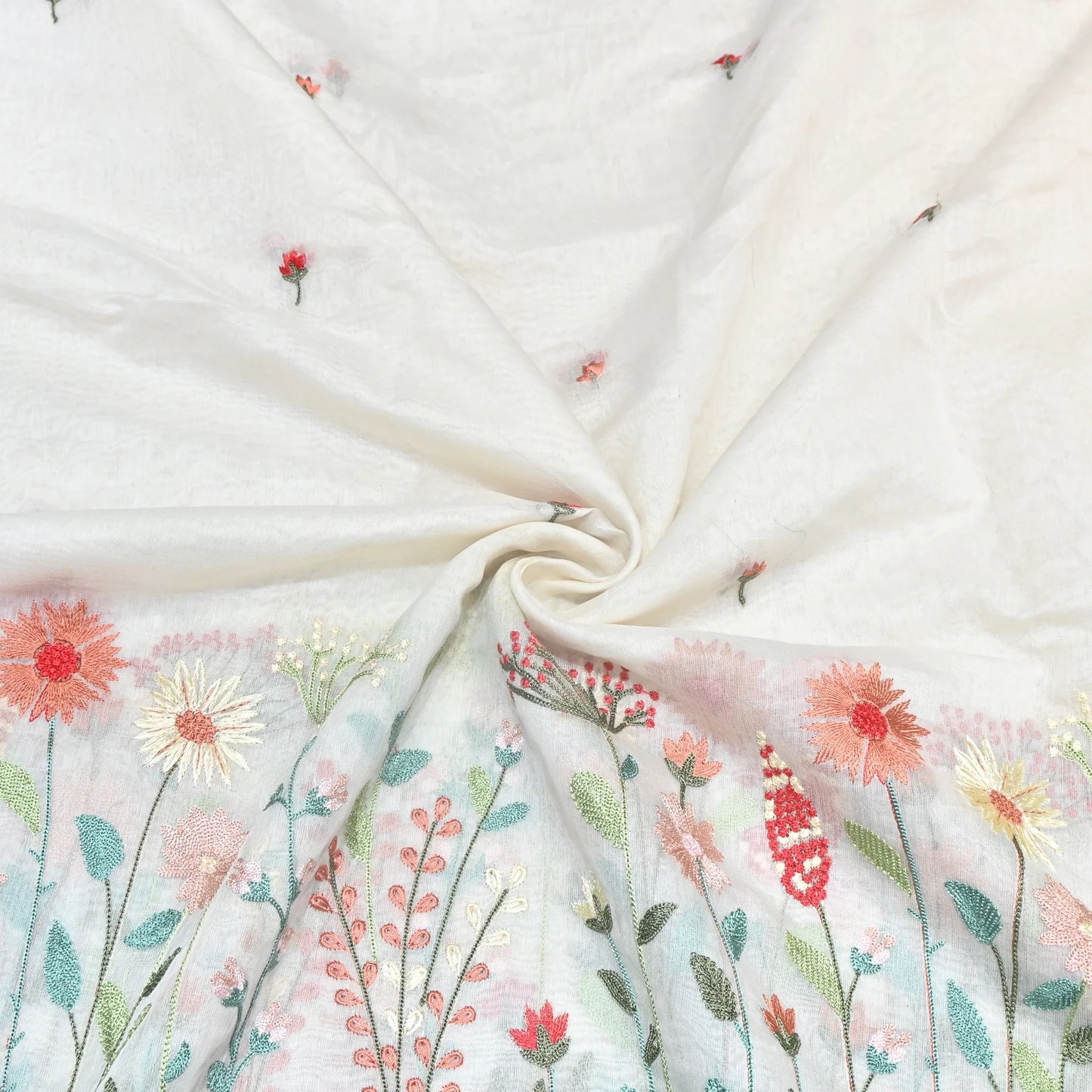 Mul Chanderi Floral Thread Embroidery Fabric – Elegant Buti Designer Fabric -1026