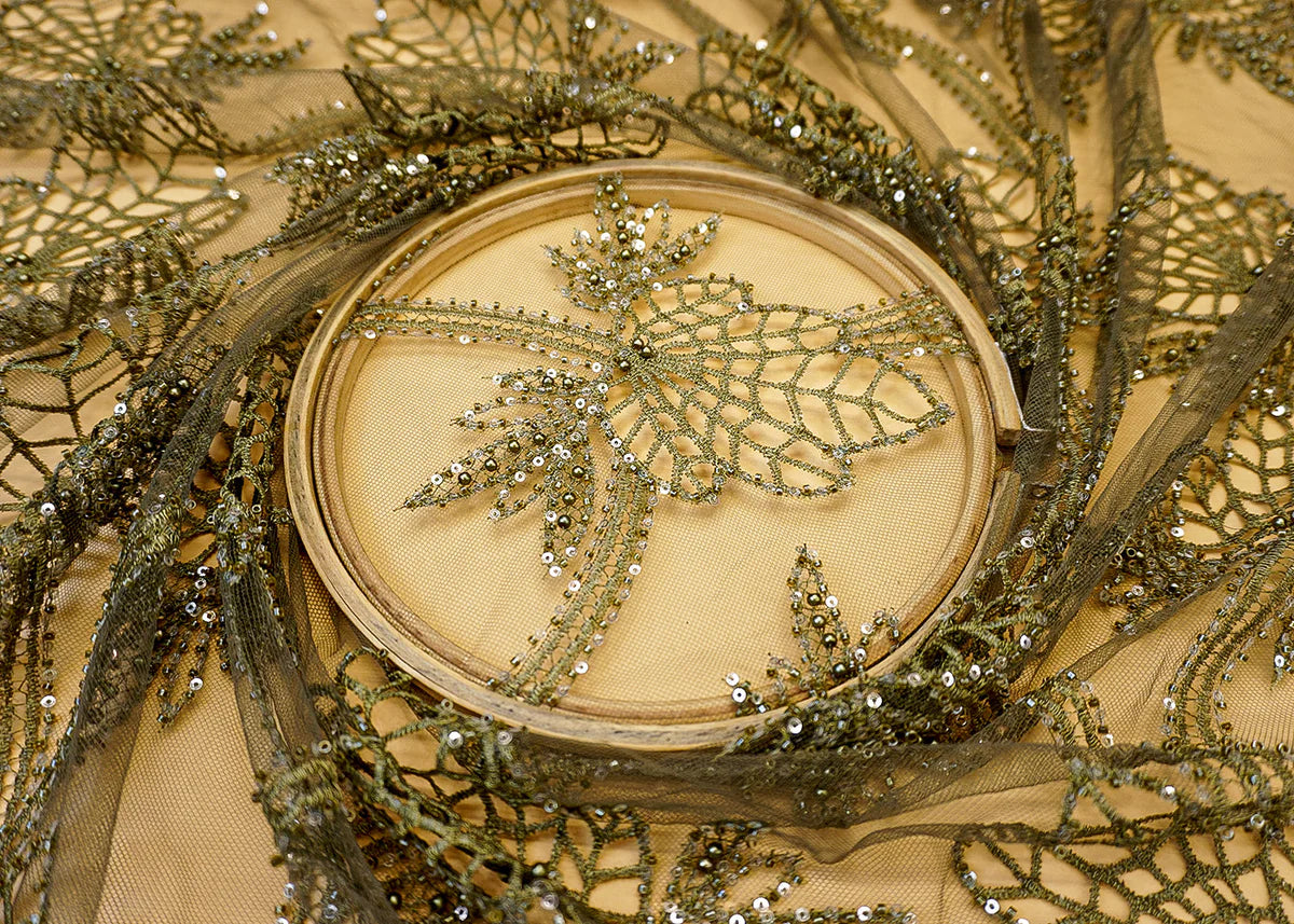 Mehandi Imported Net Fabric with Allover Cutwork, Sequins, Beads, Pearls & Thread PG-107