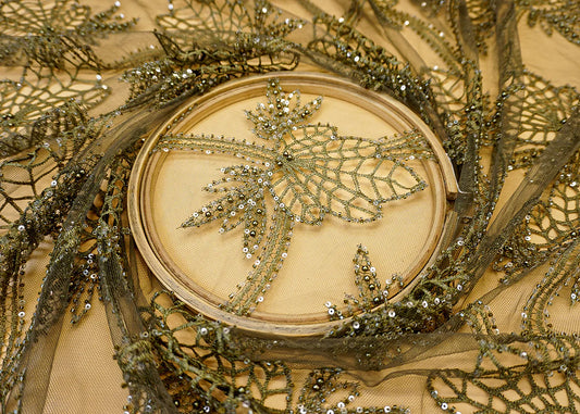 Mehandi Imported Net Fabric with Allover Cutwork, Sequins, Beads, Pearls & Thread PG-107