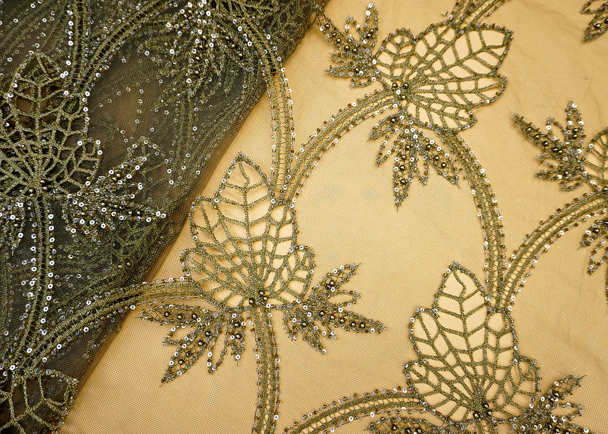 Mehandi Imported Net Fabric with Allover Cutwork, Sequins, Beads, Pearls & Thread PG-107