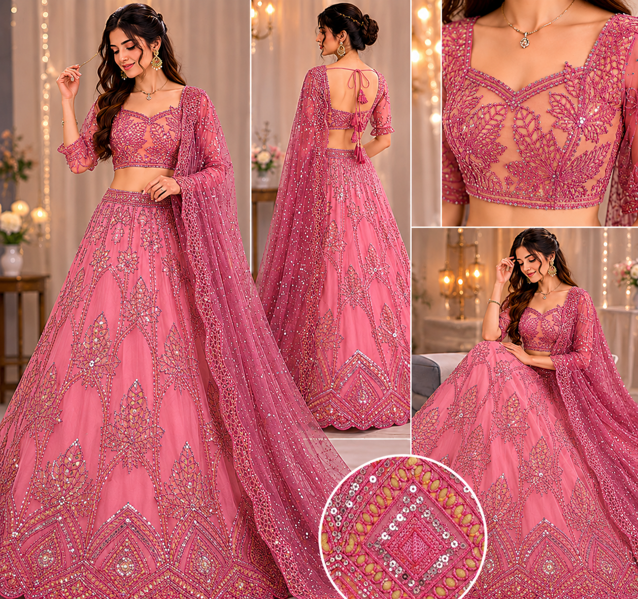 Pink Exquisite Imported Net Fabric with All-Over Cutwork and Sequins PG-108