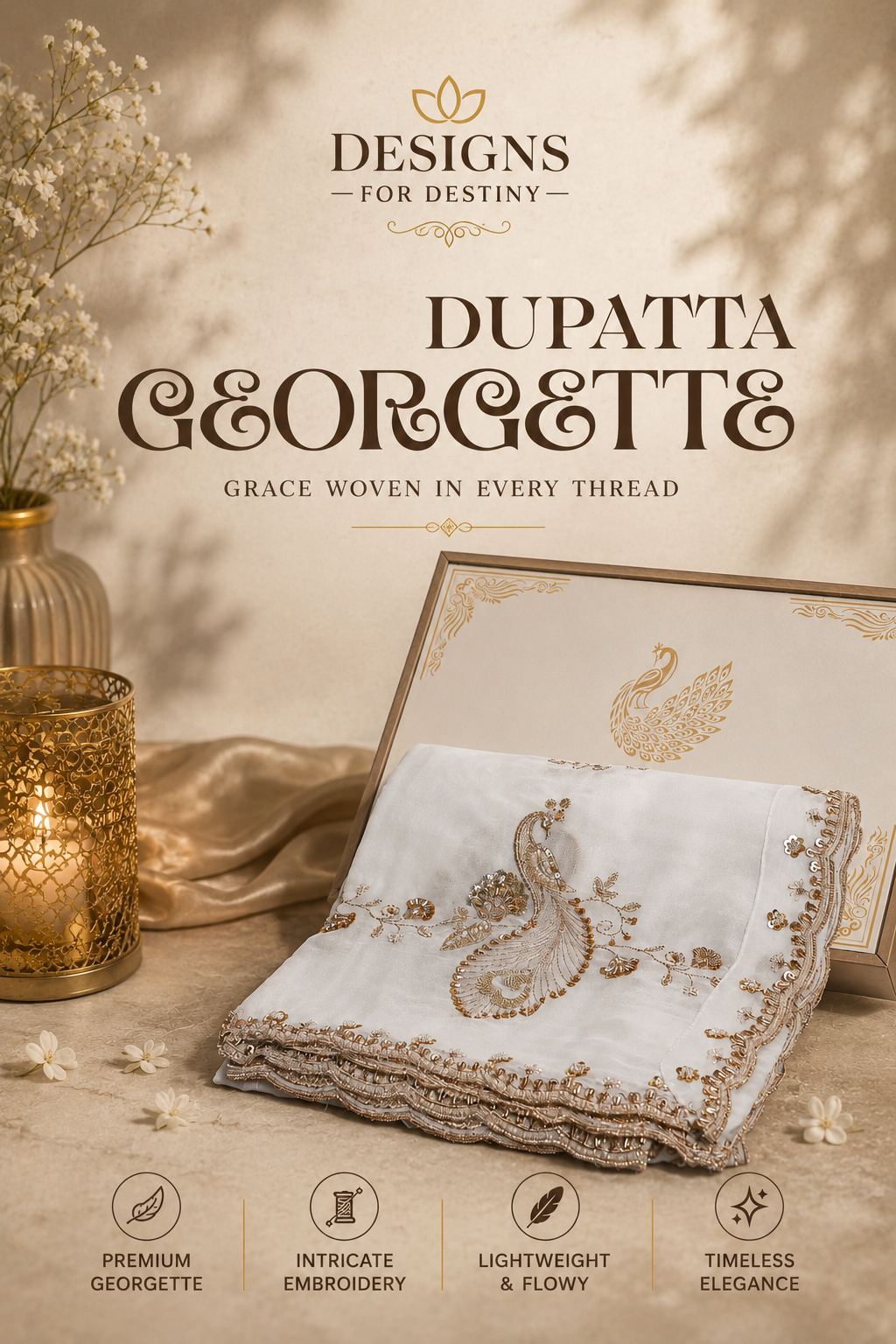 White Georgette Dupatta With All Over Bead, Sequins And Katdana Work- PG113