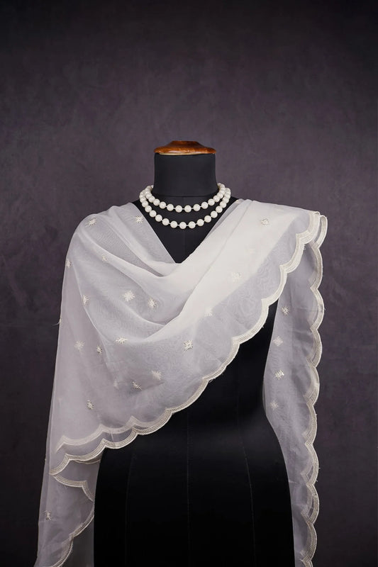 White Dyeable Organza Dupatta With All Over Thread And Sequins Work PG-111