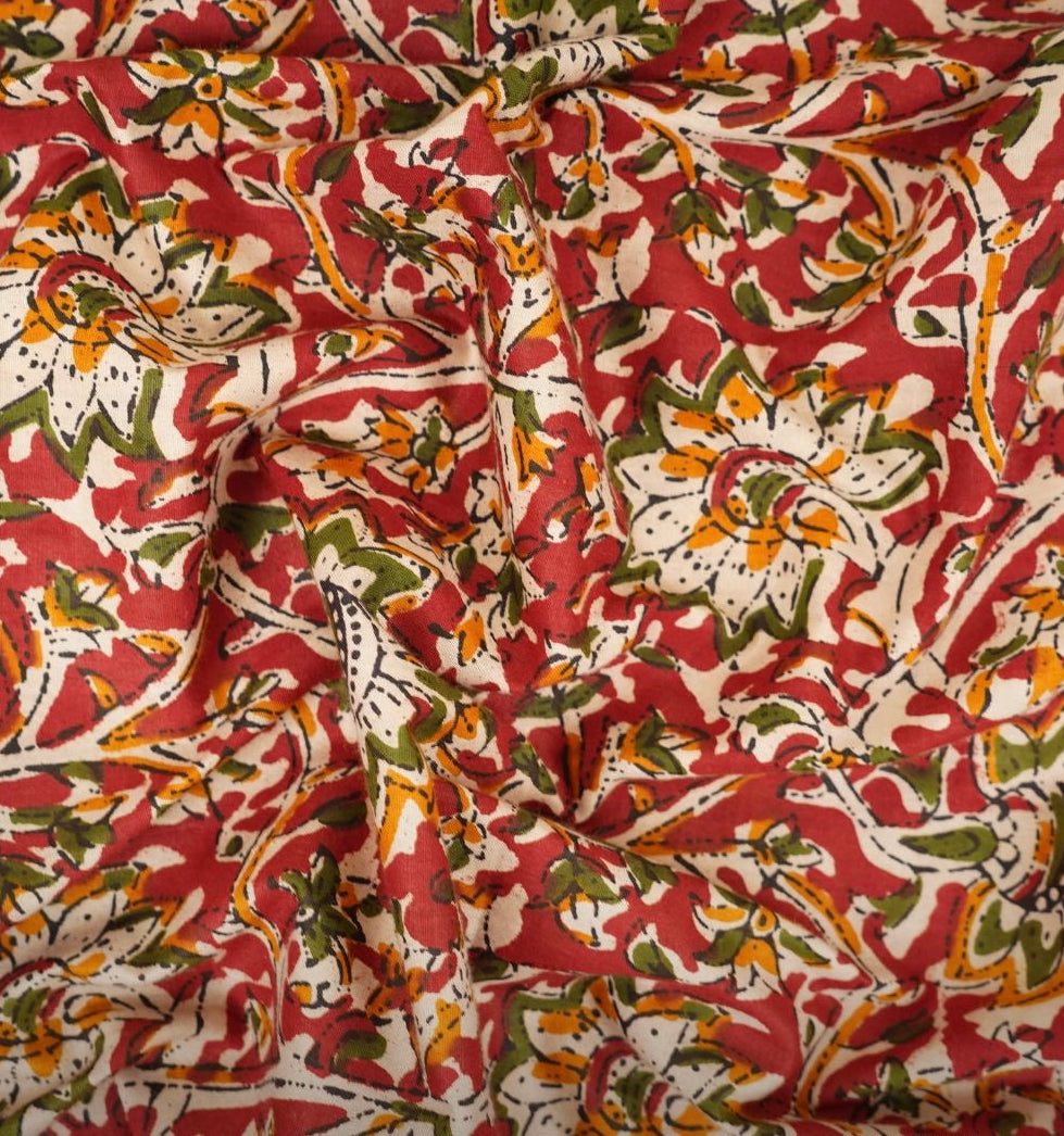 Red Kalamkari Print Cotton Fabric TU 107