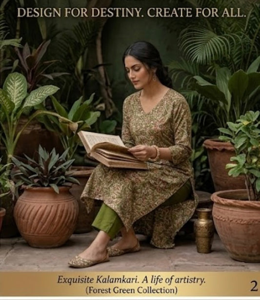Olive green Kalamkari Print Fabric TU 110