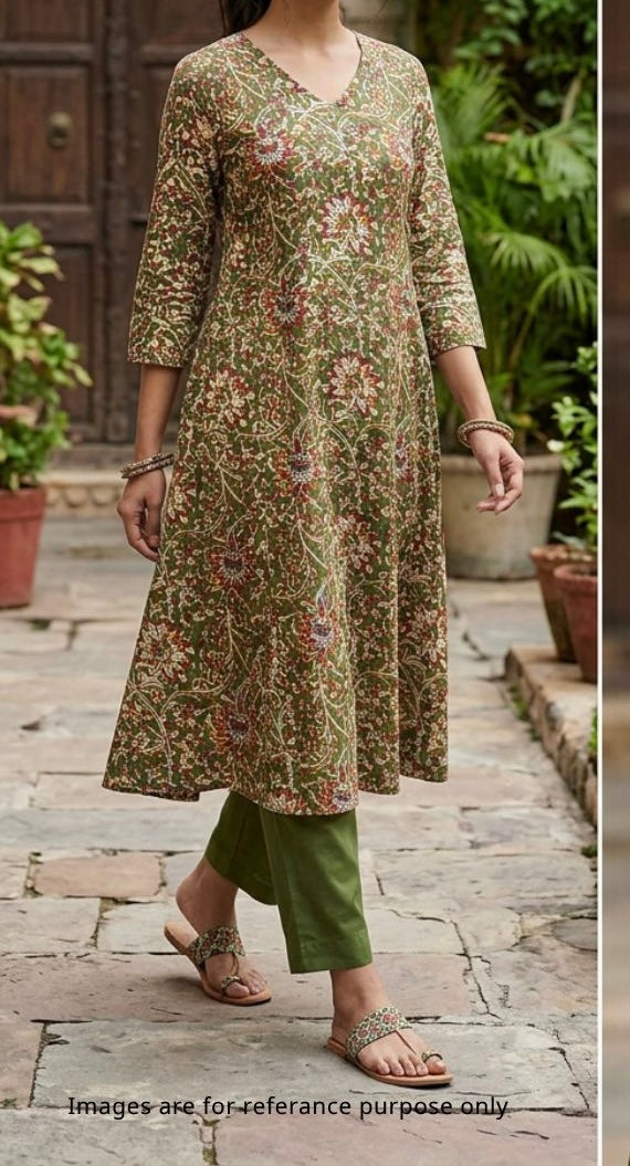 Olive green Kalamkari Print Fabric TU 110