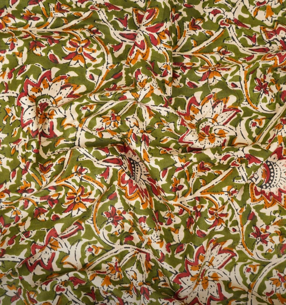 Olive green Kalamkari Print Fabric TU 110