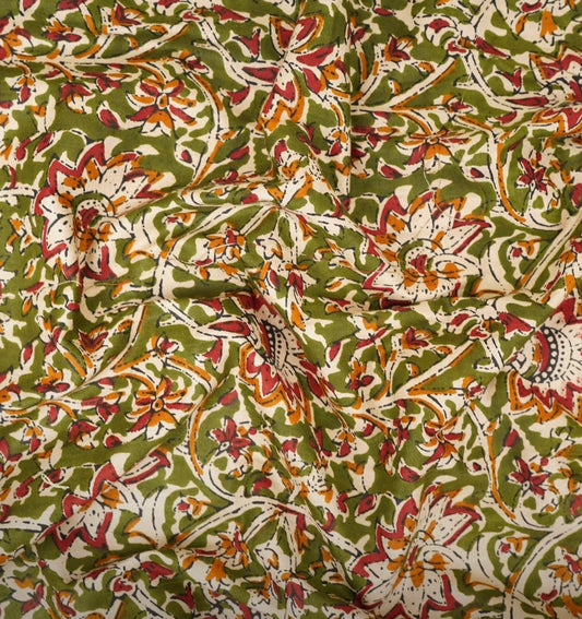 Olive green Kalamkari Print Fabric TU 110