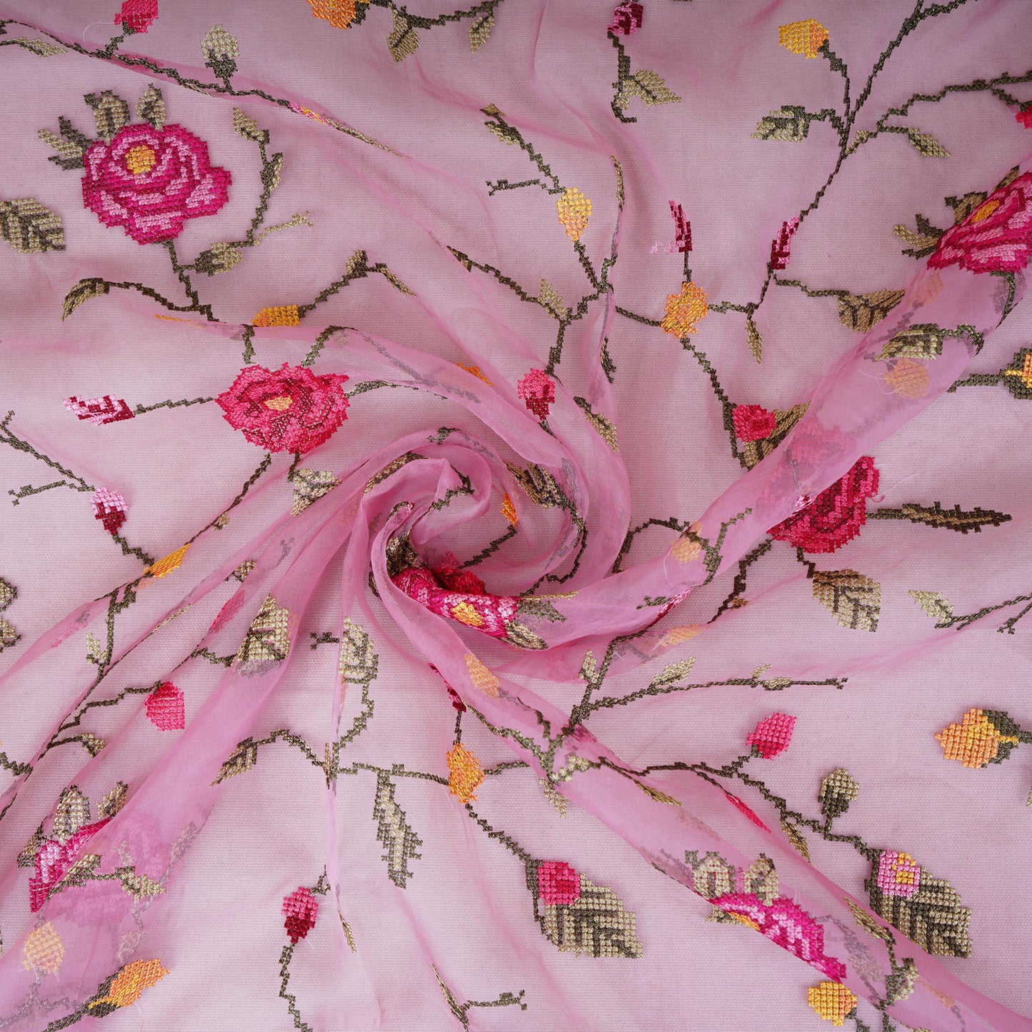 Pink French Knot Embroidery Organza Fabric AR- 1004