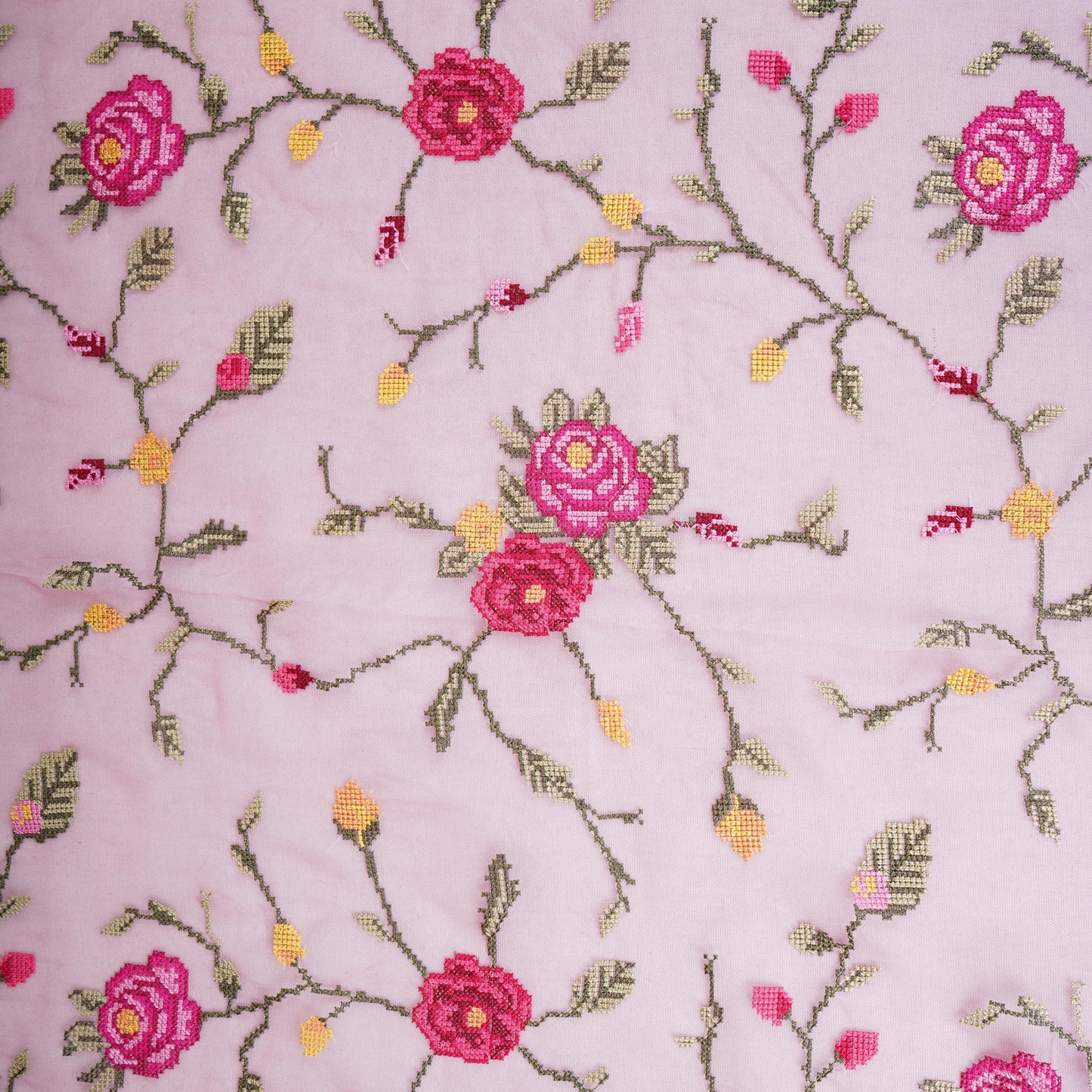 Pink French Knot Embroidery Organza Fabric AR- 1004