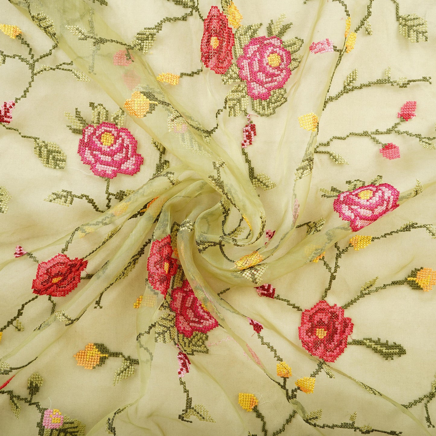 Green French Knot Embroidery Organza Fabric AR-1005