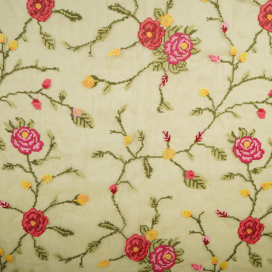 Green French Knot Embroidery Organza Fabric AR-1005