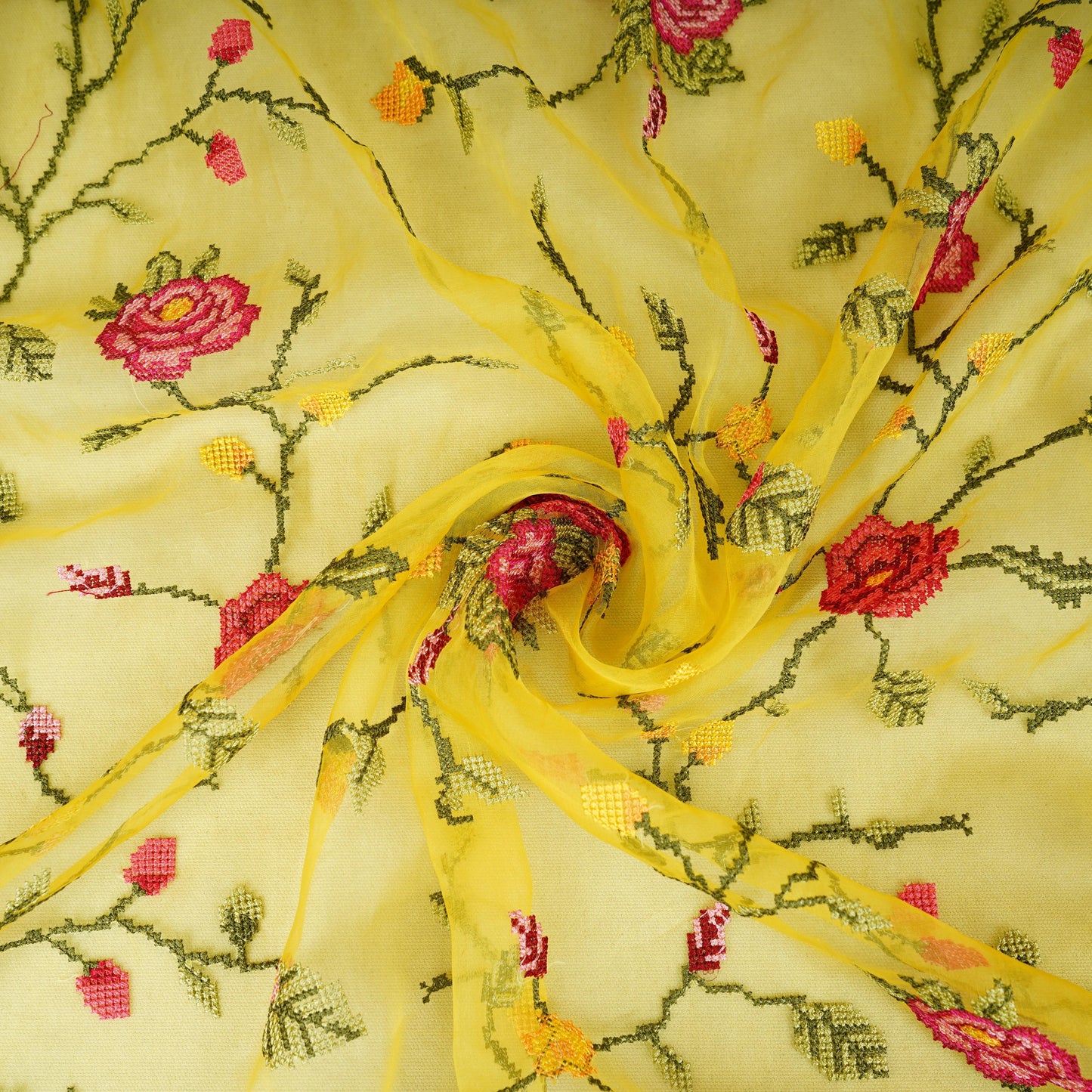 Yellow French Knot Embroidery Organza Fabric AR-1007