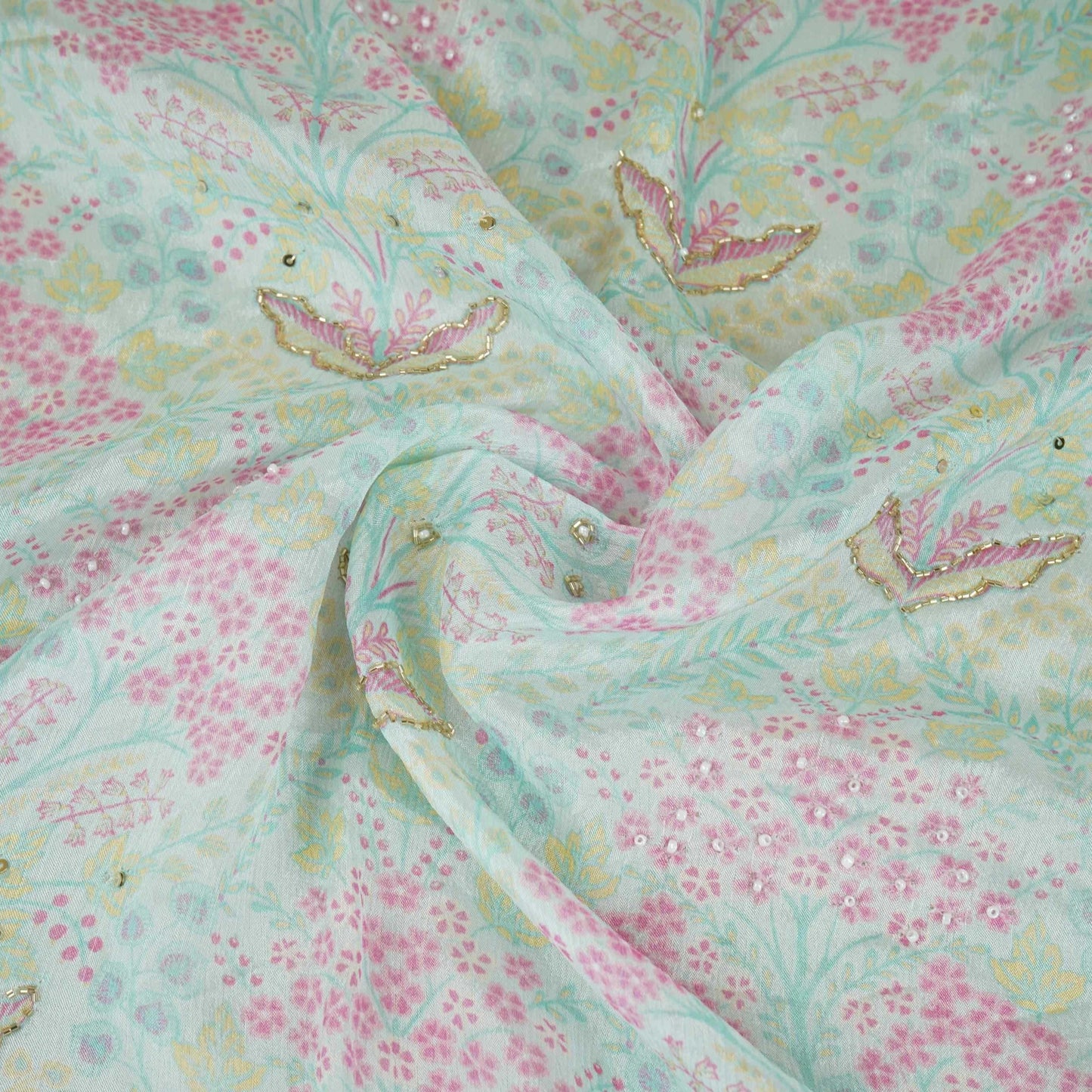 Purple Floral Cutdana Embroidery Chinnon Fabric AR-1008