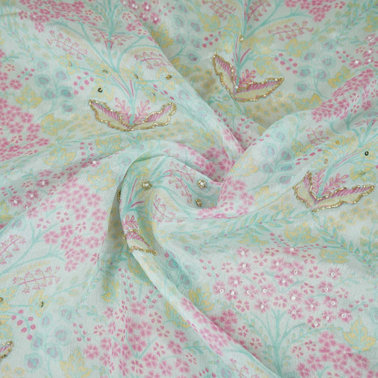 Purple Floral Cutdana Embroidery Chinnon Fabric AR-1008