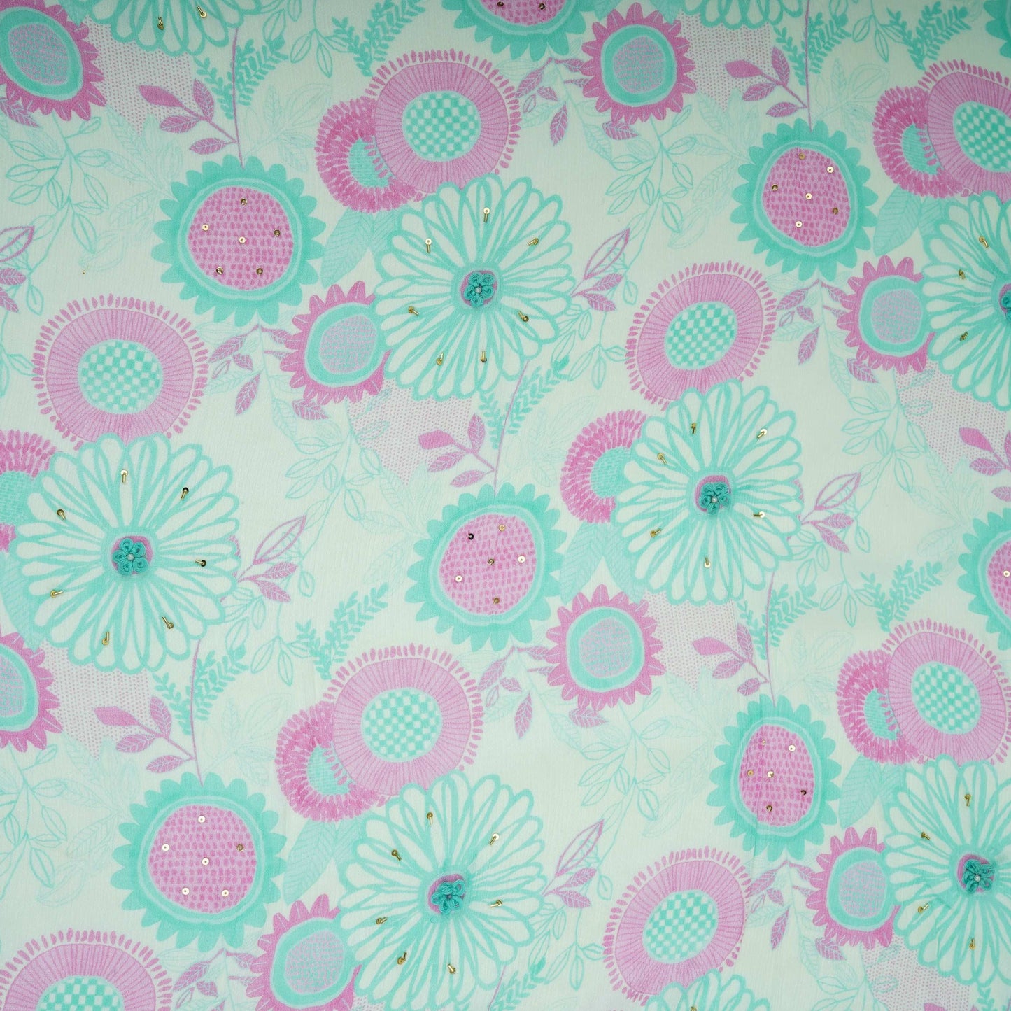 Pink With Multicolor Floral Cutdana Chinnon Fabric AR- 1009