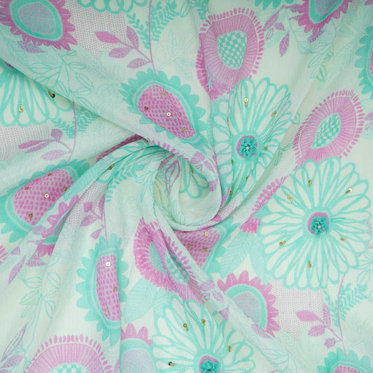 Pink With Multicolor Floral Cutdana Chinnon Fabric AR- 1009