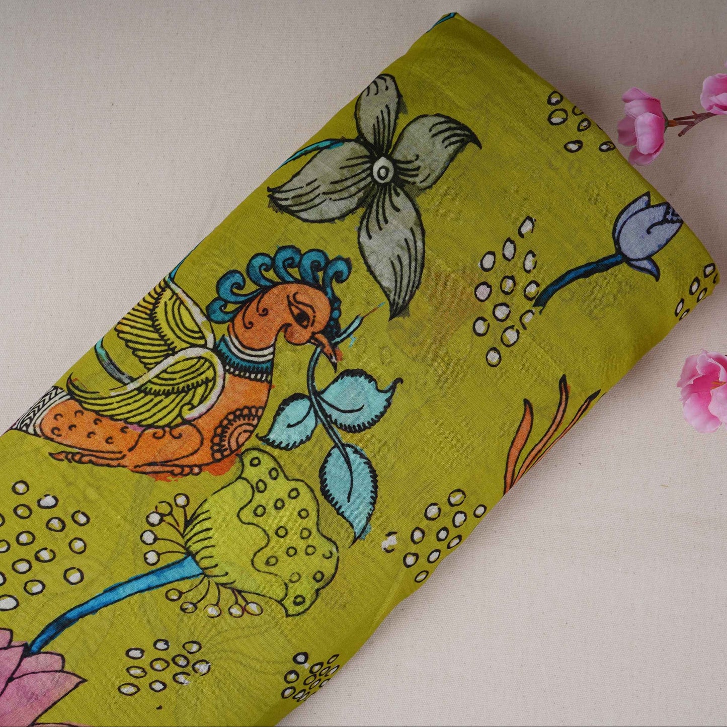 Mehendi Green Kalamkari Print Pure Chanderi Fabric AR- 1011