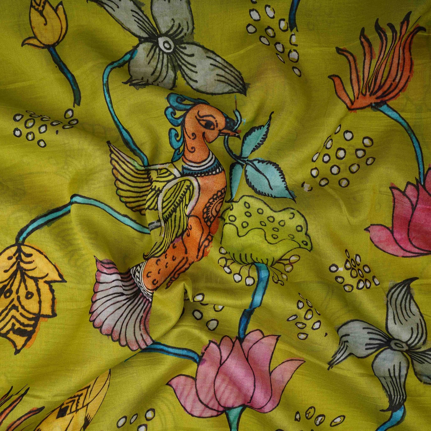 Mehendi Green Kalamkari Print Pure Chanderi Fabric AR- 1011