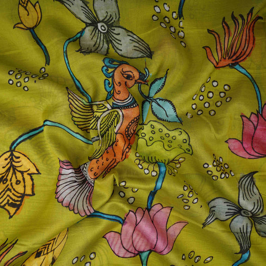Mehendi Green Kalamkari Print Pure Chanderi Fabric AR- 1011
