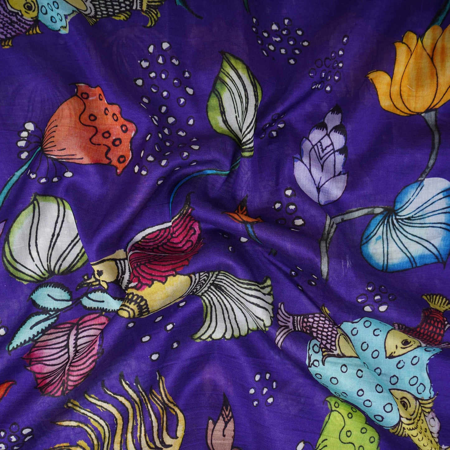 Royal Blue Kalamkari Print Pure Chanderi Fabric AR- 1012