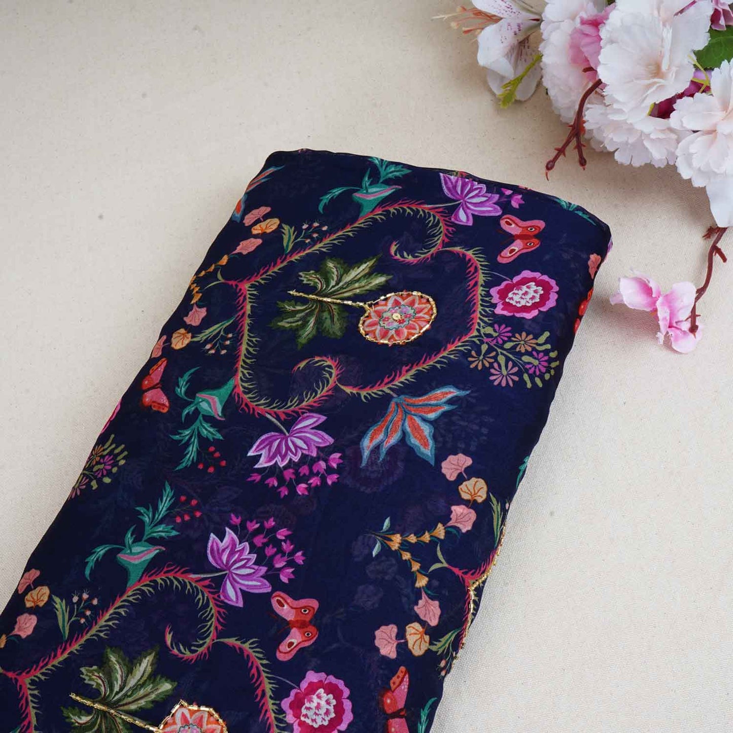 Navy Blue Cutdana Work Floral Print Organza Fabric