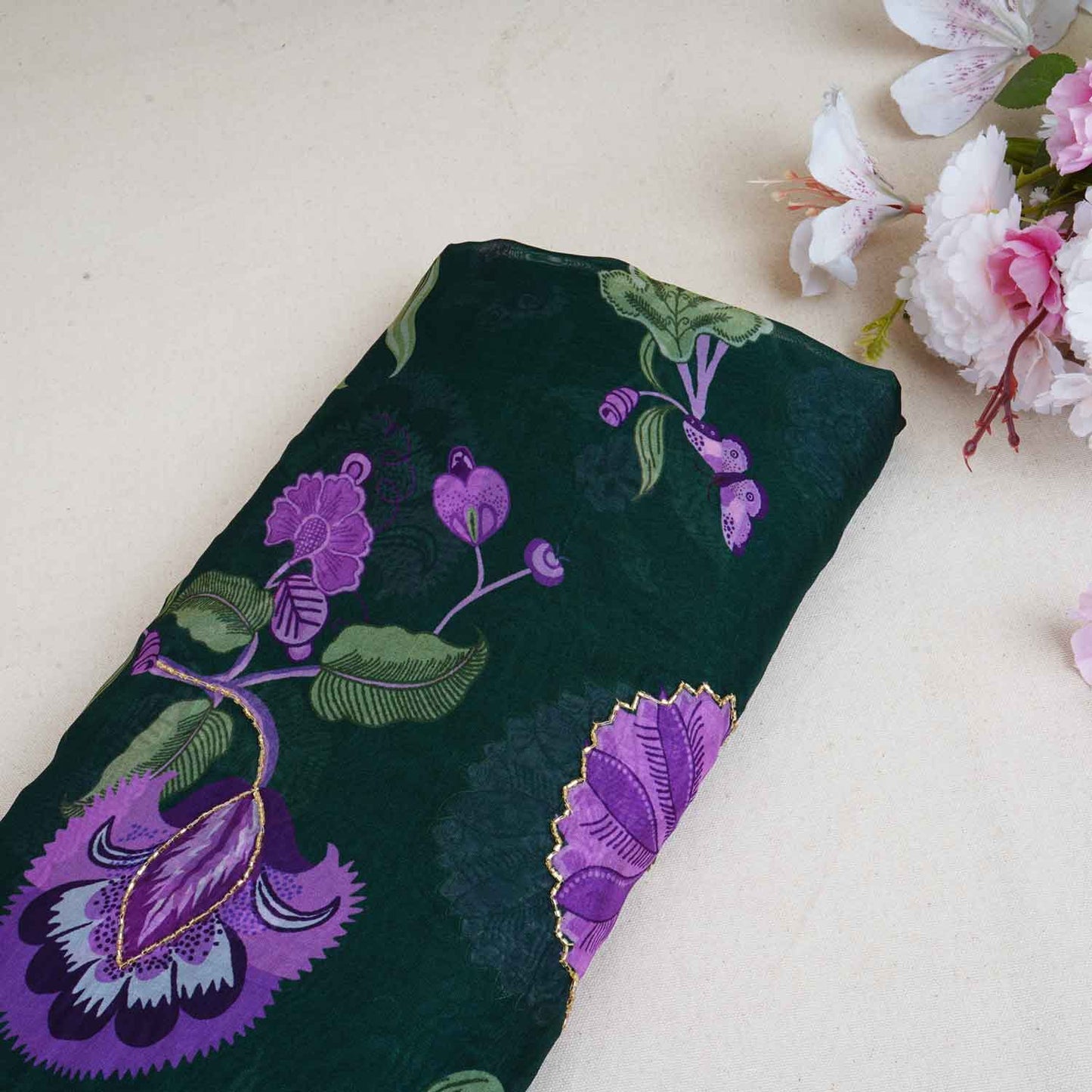 Dark Green Cutdana Hand Work Floral Print Organza Fabric