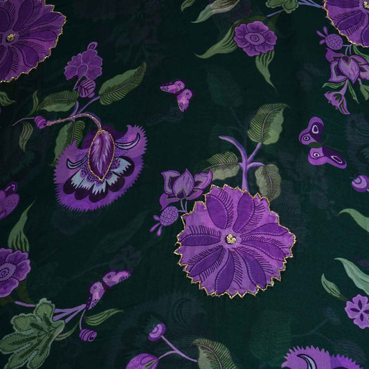 Dark Green Cutdana Hand Work Floral Print Organza Fabric