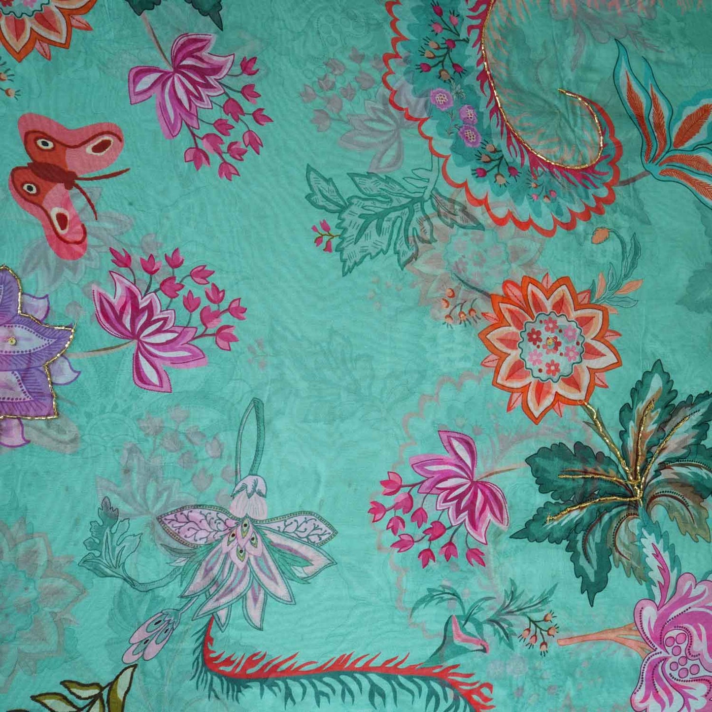 Mint Green Cutdana Hand Work Floral Print Organza Fabric