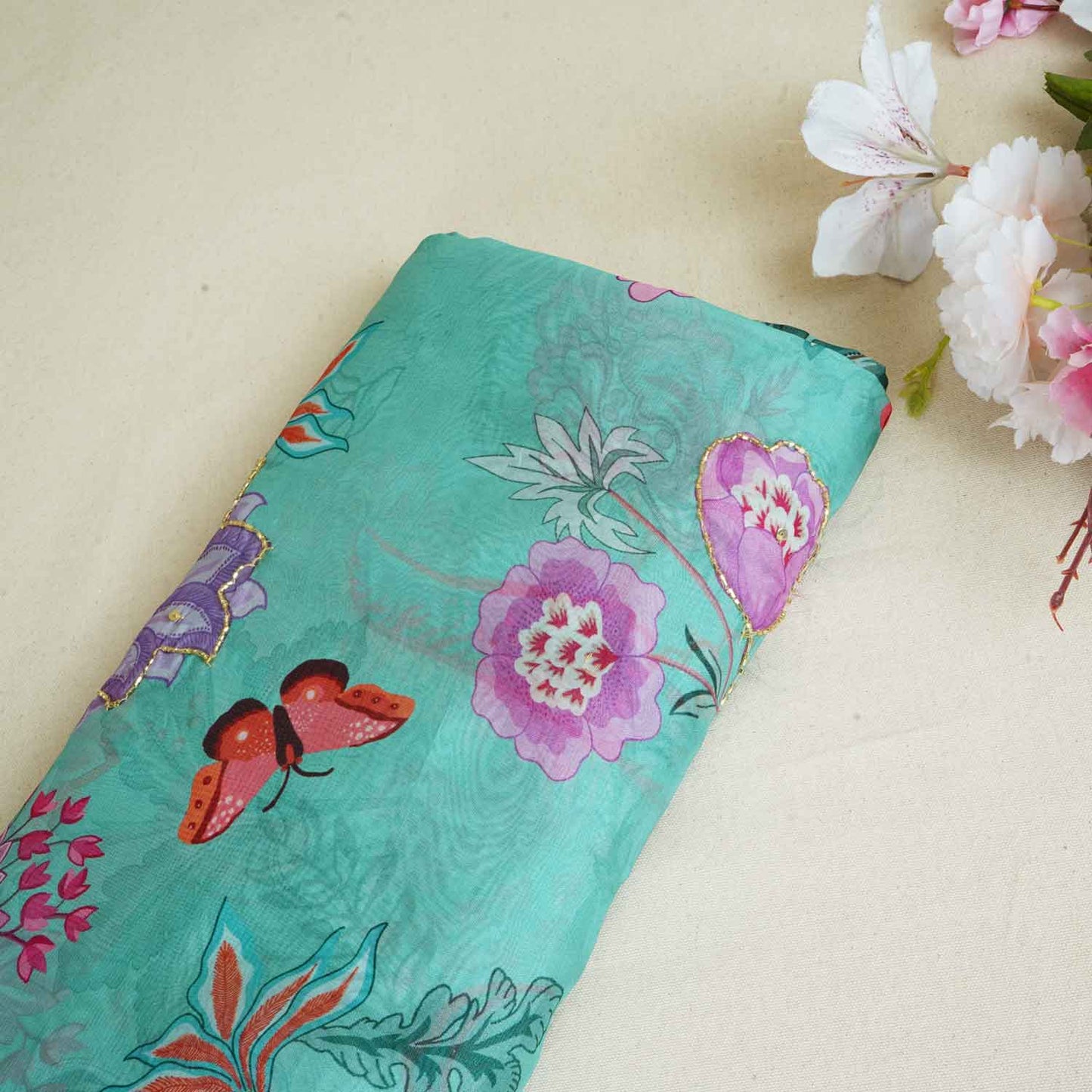 Mint Green Cutdana Hand Work Floral Print Organza Fabric