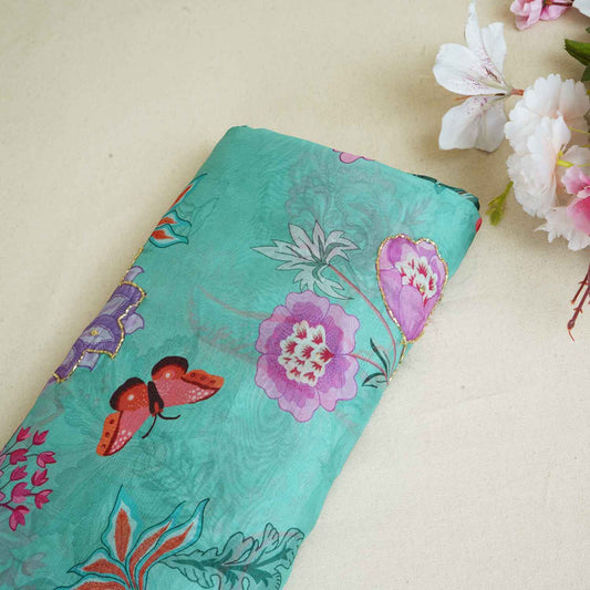 Mint Green Cutdana Hand Work Floral Print Organza Fabric