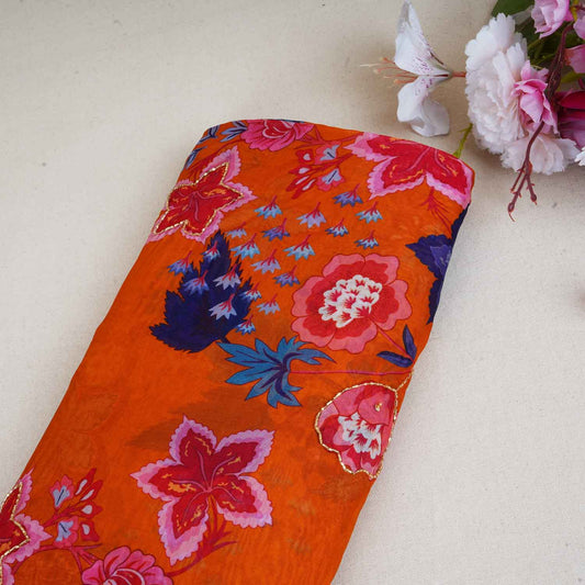 Orange Cutdana Hand Work Floral Print Organza Fabric