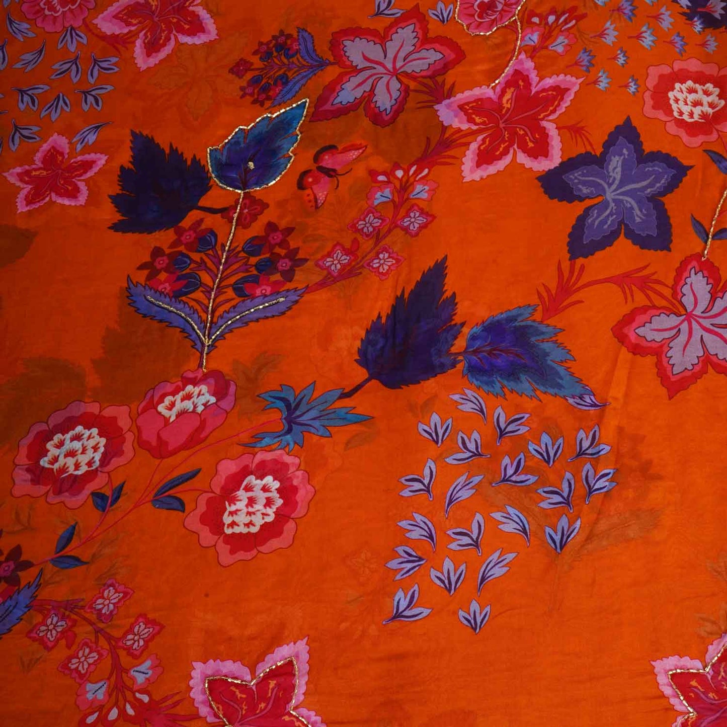 Orange Cutdana Hand Work Floral Print Organza Fabric