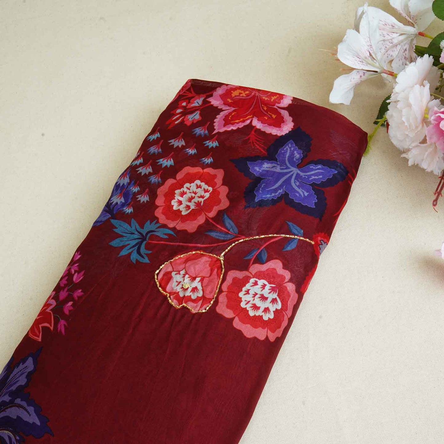 Wine Cutdana Hand Work Floral Print Organza Fabric