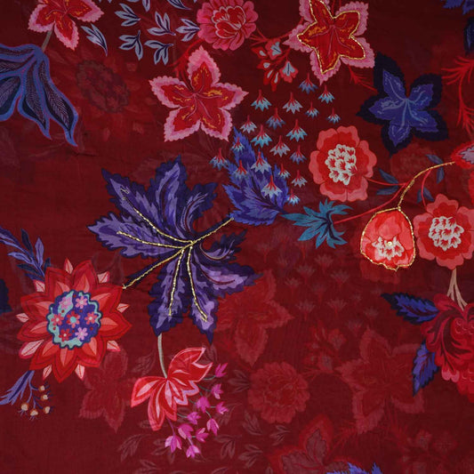 Wine Cutdana Hand Work Floral Print Organza Fabric