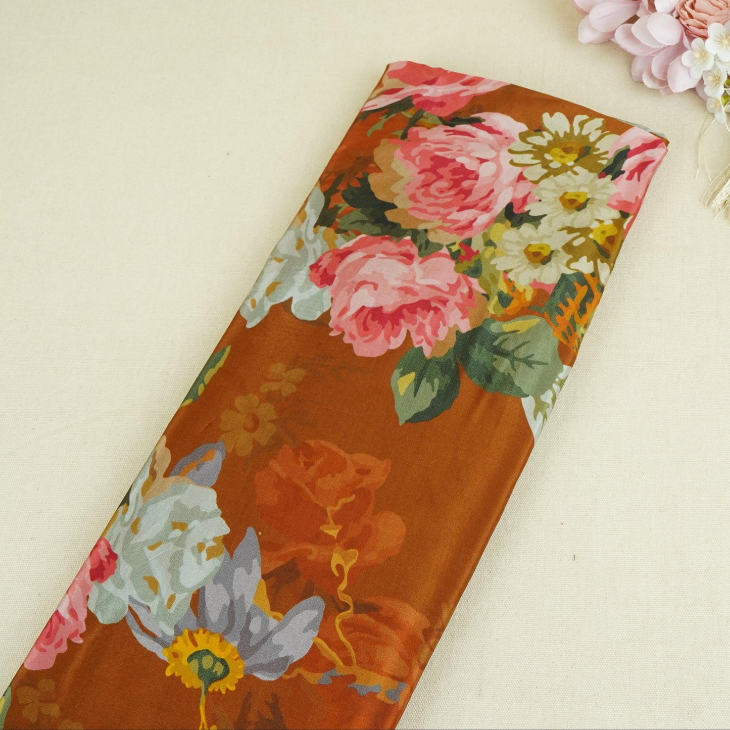 Brown Floral Print Crepe Fabric