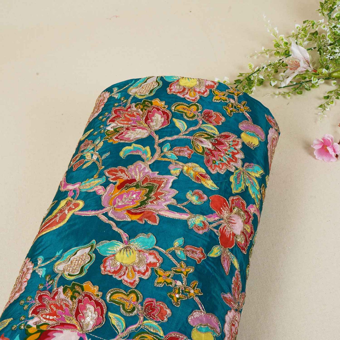 Teal Blue Position Print Zari Embroidery Crepe Fabric