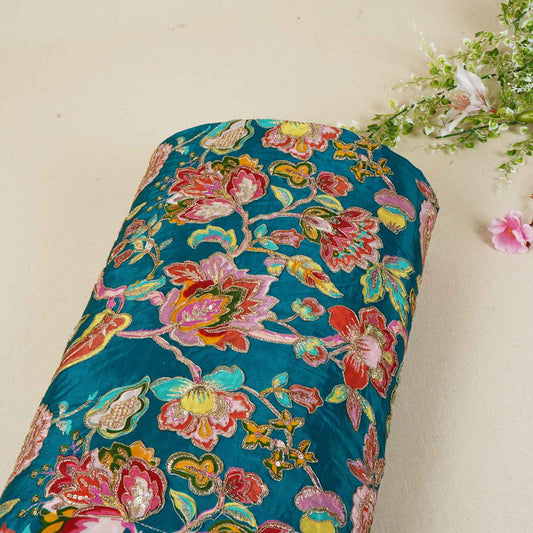 Teal Blue Position Print Zari Embroidery Crepe Fabric