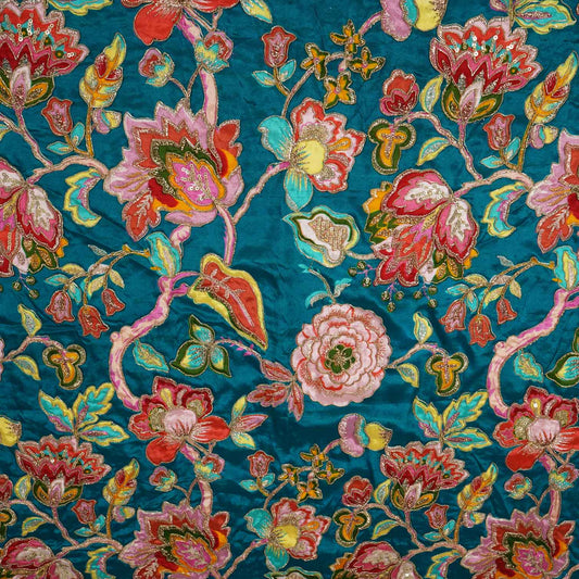 Teal Blue Position Print Zari Embroidery Crepe Fabric