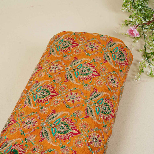 Mustard Yellow Position Print Zari Embroidery Crepe Fabric
