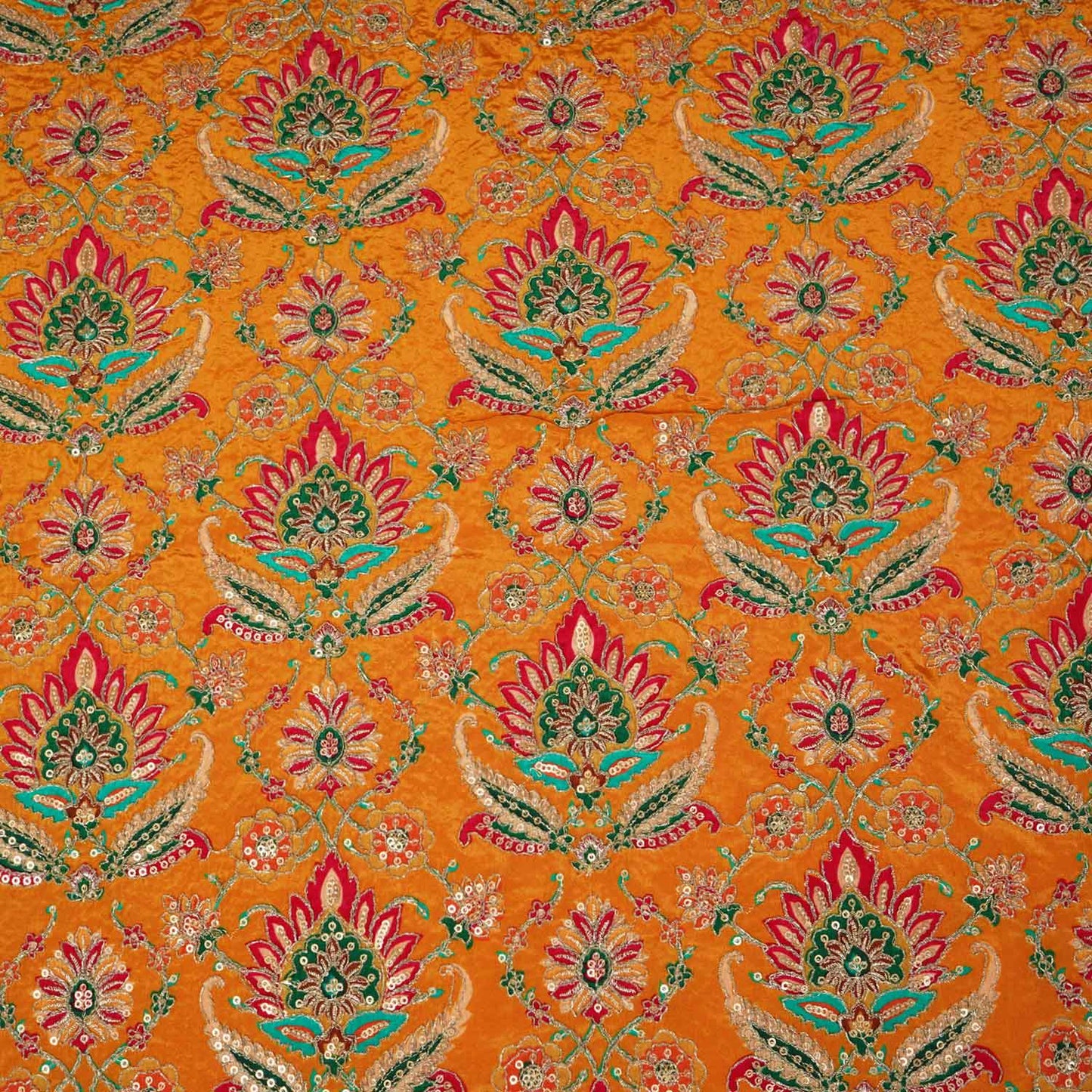 Mustard Yellow Position Print Zari Embroidery Crepe Fabric